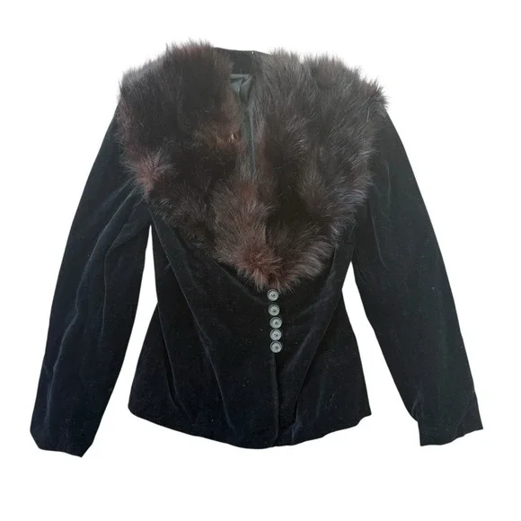 Vintage 1940s 1950s Black Velvet Jacket Real Fur Collar Button Front - Picture 1 of 9